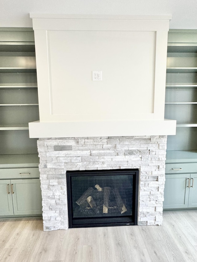 details featuring a stone fireplace and wood finished floors