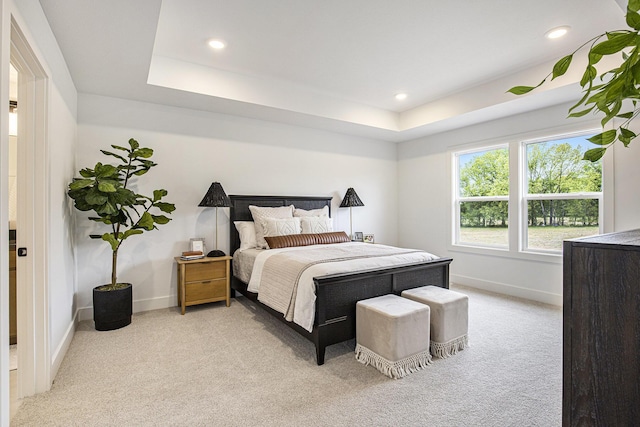 7711 96th St SE, Alto, MI 49302 - bedroom with light carpet, baseboards, a raised ceiling, and recessed lighting