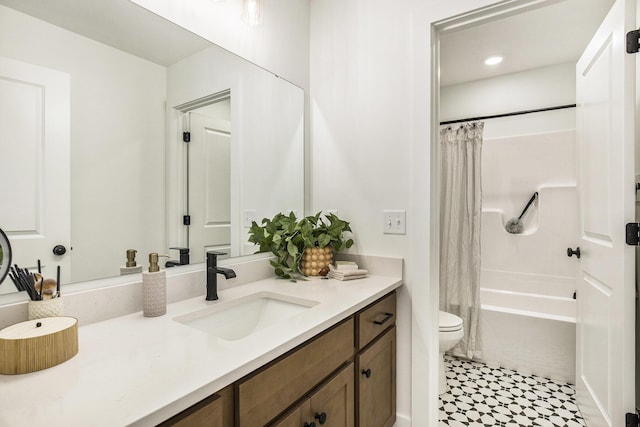 7711 96th St SE, Alto, MI 49302 - full bath with vanity, toilet, shower / bath combination with curtain, tile patterned floors, and recessed lighting