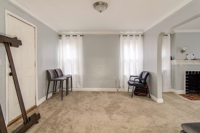 living area featuring ornamental molding, carpet flooring, and a healthy amount of sunlight