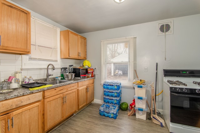 kitchen featuring light wood finished floors, gas range oven, tasteful backsplash, a sink, and baseboards