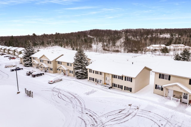 snowy aerial view featuring a view of trees