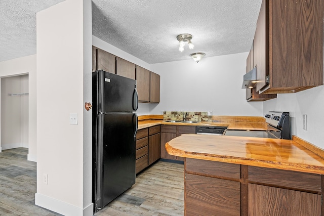 kitchen featuring light wood-style flooring, under cabinet range hood, a sink, stainless steel range with electric cooktop, and freestanding refrigerator