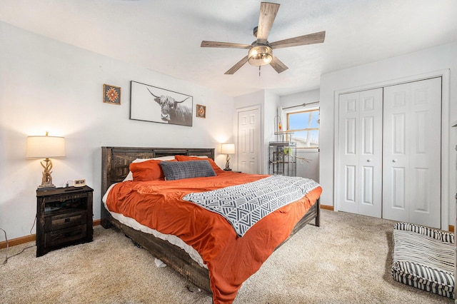 bedroom with carpet, a ceiling fan, and baseboards