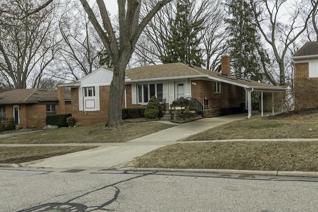 view of front facade with a carport, brick siding, and a chimney