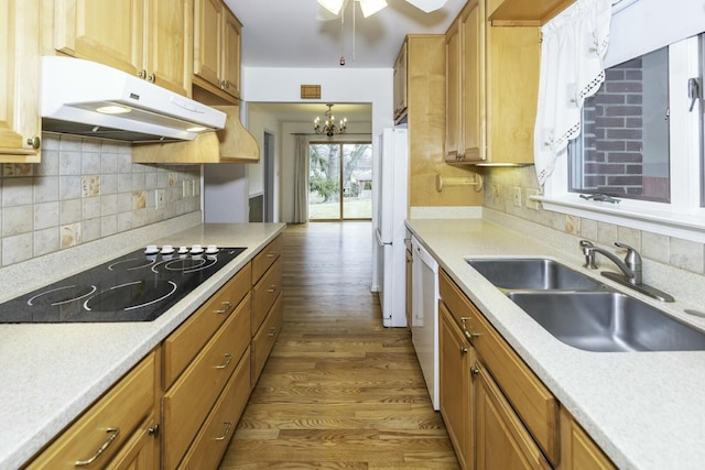 kitchen featuring white dishwasher, a sink, wood finished floors, under cabinet range hood, and black electric cooktop