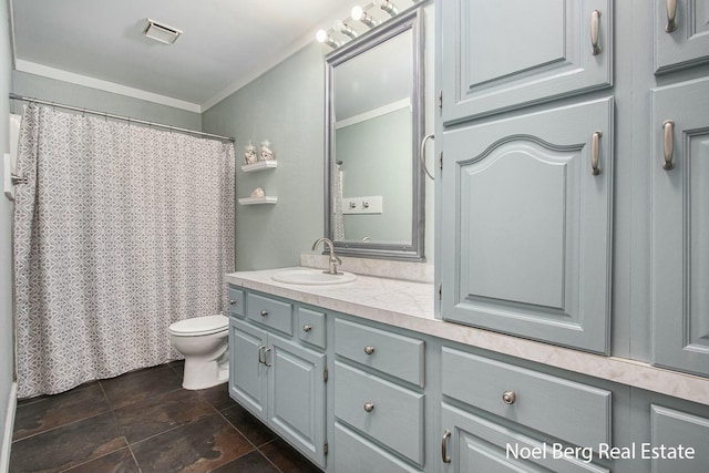 bathroom featuring visible vents, a shower with shower curtain, toilet, ornamental molding, and vanity