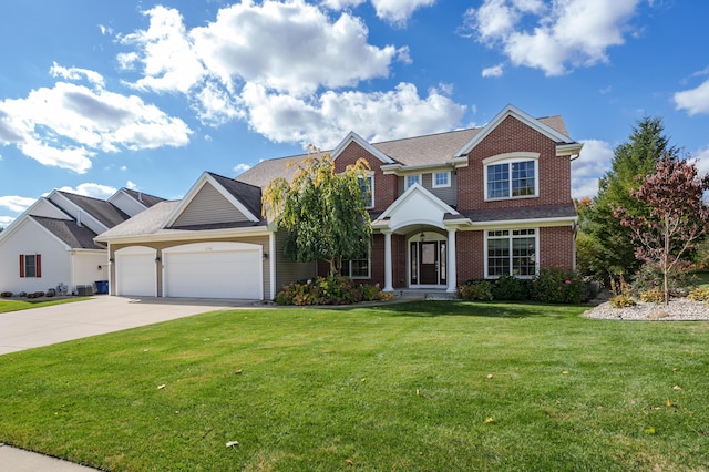 traditional home with brick siding, concrete driveway, an attached garage, central AC unit, and a front lawn