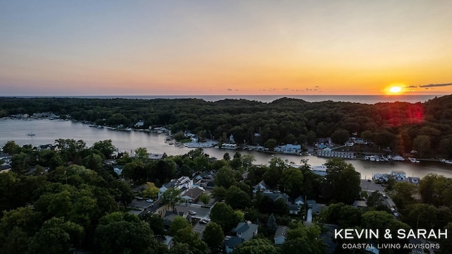 drone / aerial view featuring a water view and a forest view