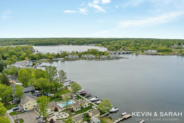 drone / aerial view with a water view and a view of trees