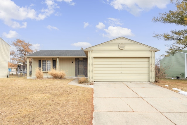 single story home with an attached garage, fence, and concrete driveway