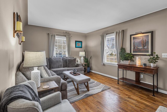 living room featuring baseboards, wood-type flooring, and a healthy amount of sunlight