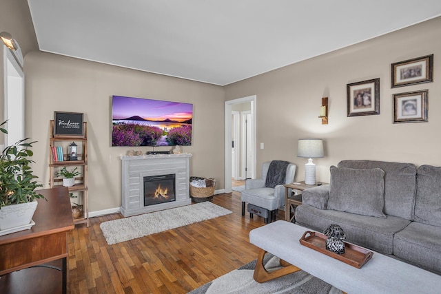 living room with wood-type flooring, baseboards, and a glass covered fireplace