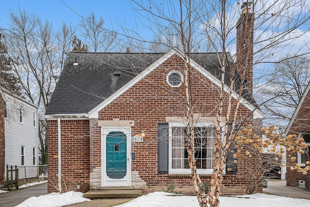 view of front of home featuring brick siding, a chimney, and roof with shingles