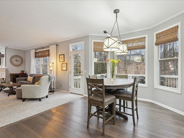 dining room with baseboards, ornamental molding, and dark wood finished floors