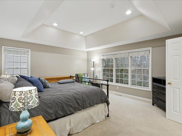 bedroom featuring carpet floors, a tray ceiling, multiple windows, and baseboards