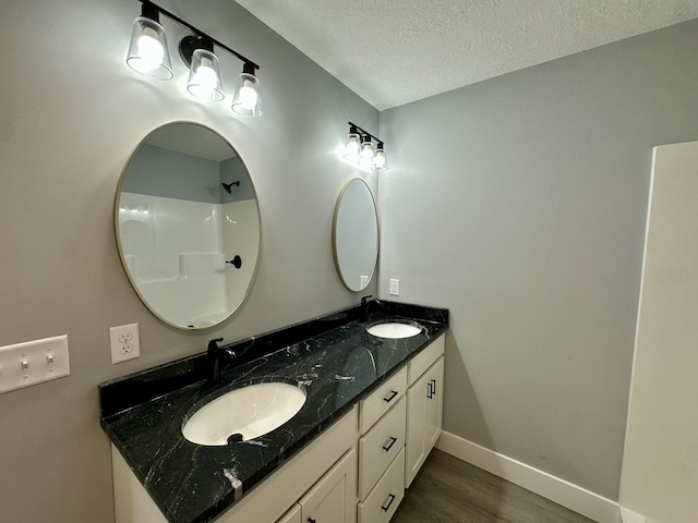 2653 Mclaughlin Ave, Muskegon, MI 49442 - bathroom with baseboards, a textured ceiling, a sink, and wood finished floors