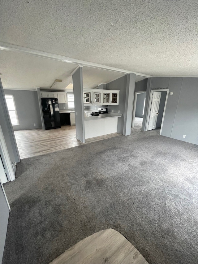 unfurnished living room featuring lofted ceiling, light carpet, and a textured ceiling