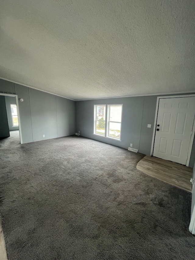 unfurnished living room featuring a textured ceiling, carpet, and a healthy amount of sunlight