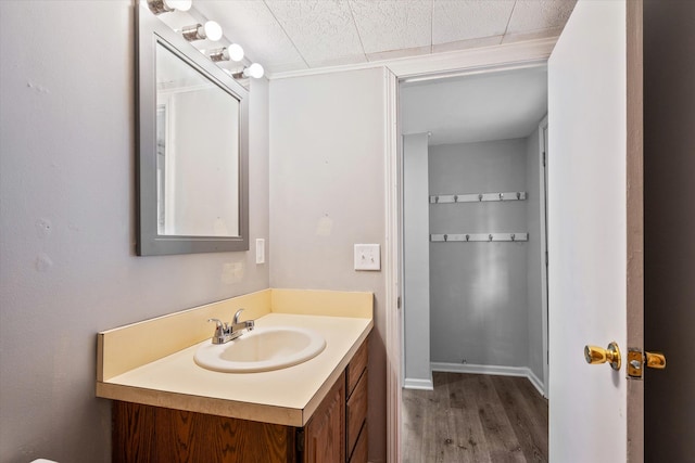 bathroom with baseboards, wood finished floors, and vanity