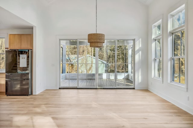 unfurnished dining area featuring light wood-type flooring, a wealth of natural light, and baseboards