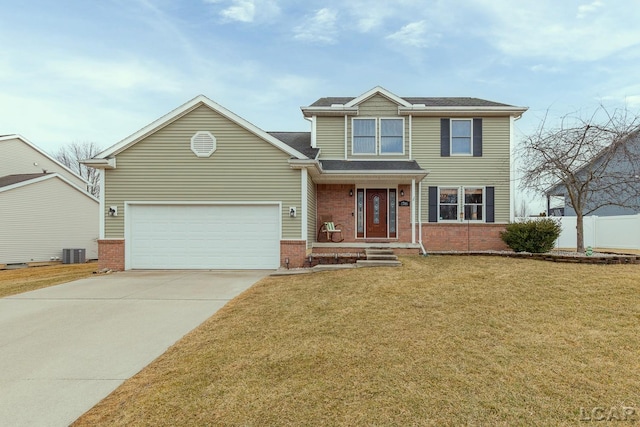 traditional home featuring brick siding, central AC, a front lawn, and driveway