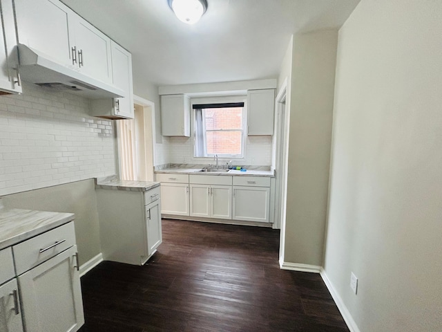 kitchen featuring light countertops, decorative backsplash, dark wood-type flooring, white cabinetry, and a sink