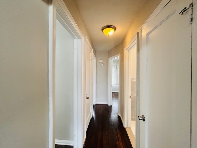 hall featuring baseboards and dark wood-type flooring