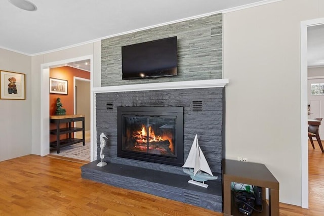 details with crown molding, a fireplace, and wood finished floors