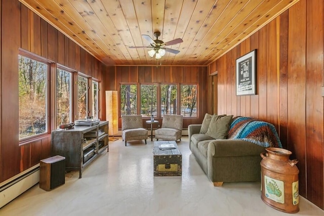 sunroom / solarium featuring a baseboard heating unit, wood ceiling, and ceiling fan