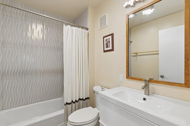 bathroom with toilet, shower / bath combo, vanity, and visible vents