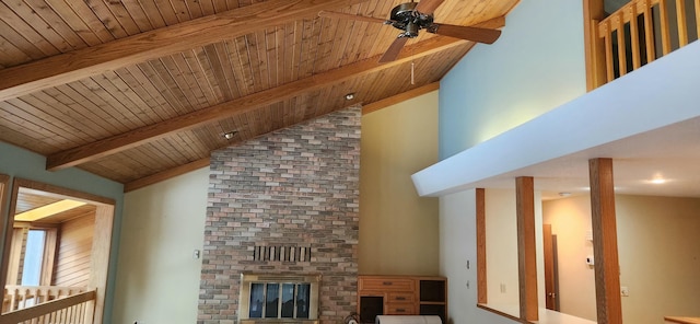 3075 Mineral Springs Trl, Mount Pleasant, MI 48858 - detailed view of wood ceiling, beamed ceiling, ceiling fan, and a fireplace