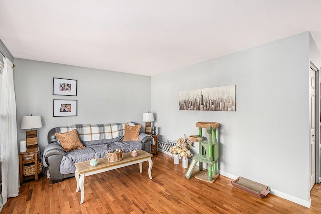 living area with baseboards and wood finished floors