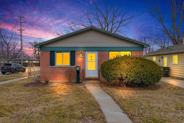 bungalow-style house featuring a yard and brick siding