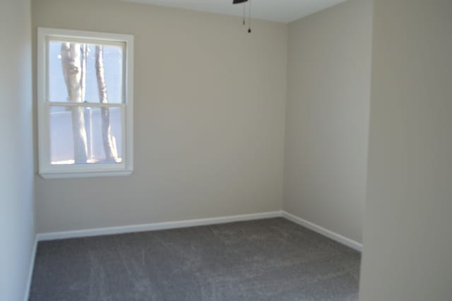 empty room with carpet floors, plenty of natural light, baseboards, and ceiling fan