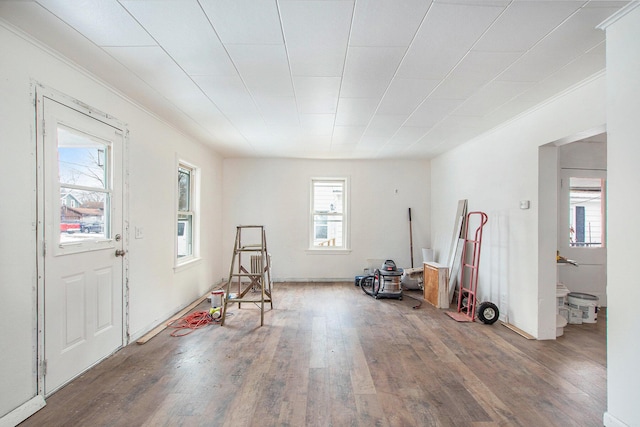 entrance foyer featuring ornamental molding and wood finished floors