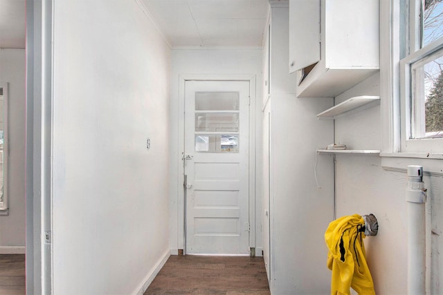 interior space featuring baseboards, ornamental molding, and dark wood-type flooring