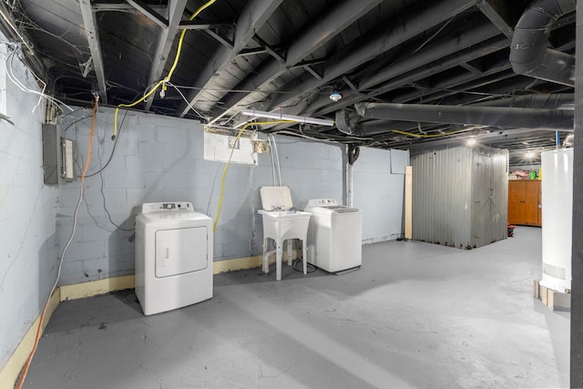 below grade area with electric panel, washer and dryer, and a sink