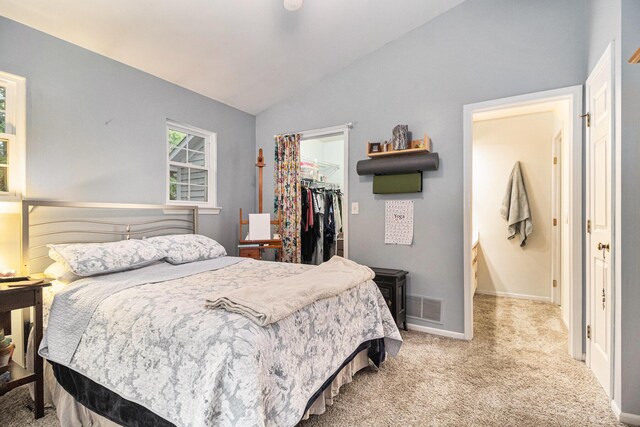 carpeted bedroom with visible vents, baseboards, vaulted ceiling, a spacious closet, and a closet