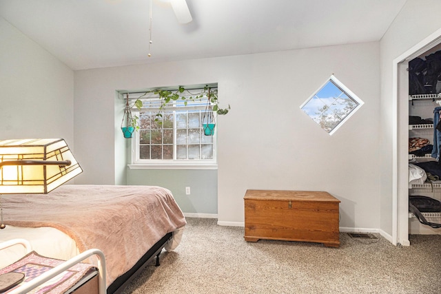 bedroom featuring carpet, baseboards, and ceiling fan