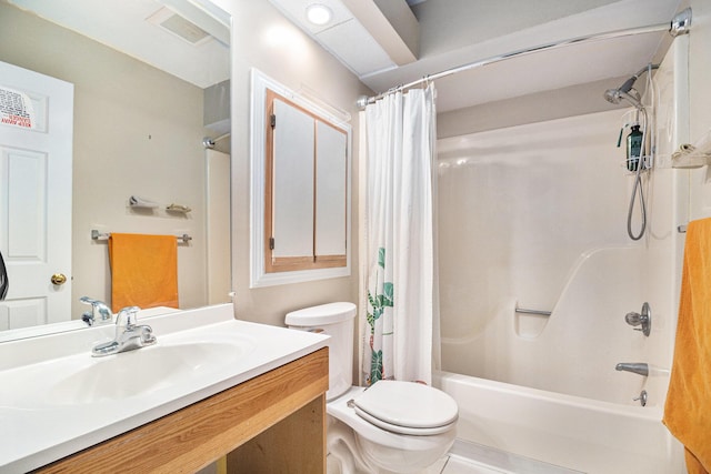 full bath with toilet, visible vents, vanity, tile patterned floors, and shower / bath combination with curtain