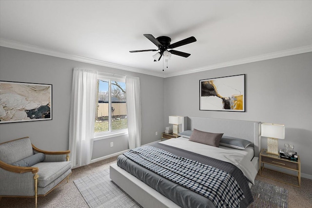 bedroom featuring crown molding, ceiling fan, carpet flooring, and baseboards