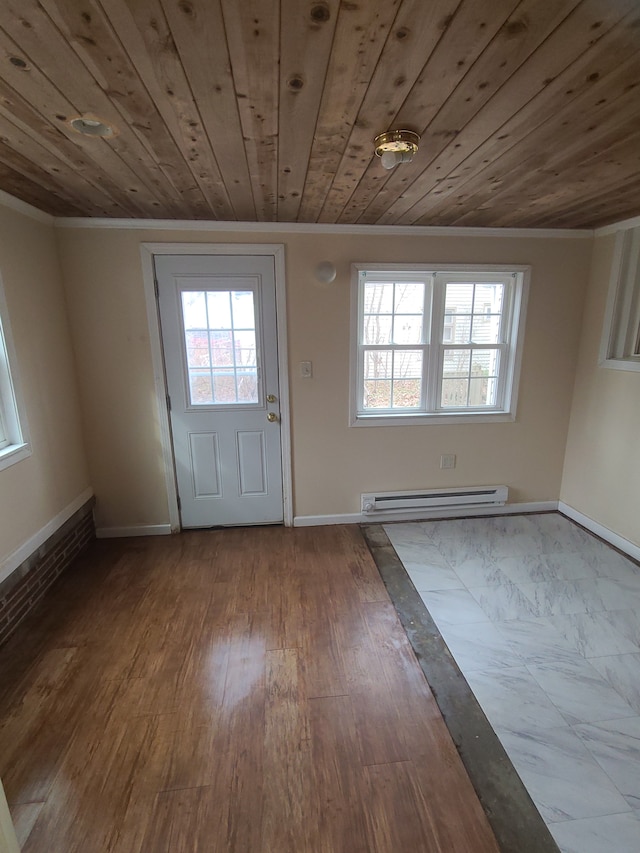 doorway to outside featuring baseboards, wood ceiling, a baseboard radiator, wood finished floors, and crown molding