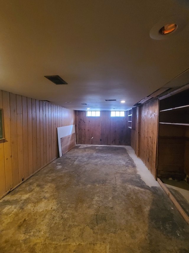 basement with wooden walls