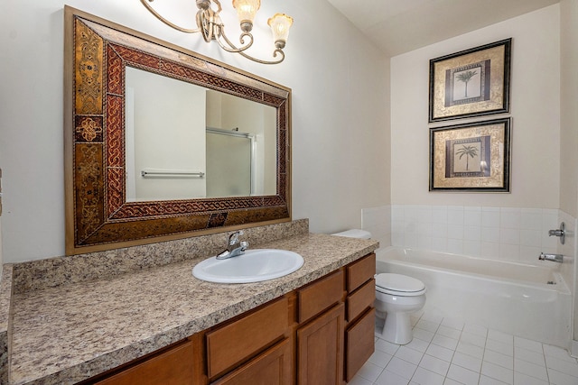 bathroom featuring a shower with shower door, toilet, tile patterned flooring, a bath, and vanity