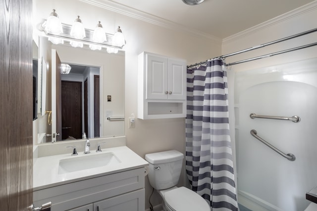 bathroom with ornamental molding, a shower with shower curtain, vanity, and toilet