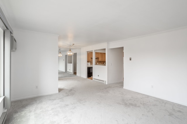 unfurnished living room featuring carpet, crown molding, a notable chandelier, a baseboard radiator, and baseboards