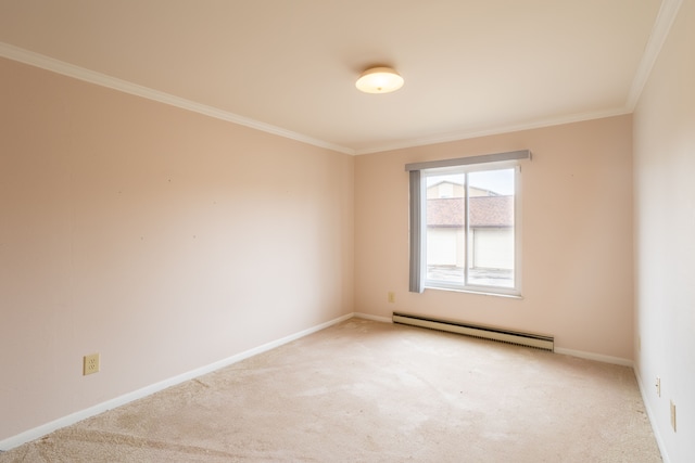 carpeted spare room with ornamental molding, a baseboard radiator, and baseboards