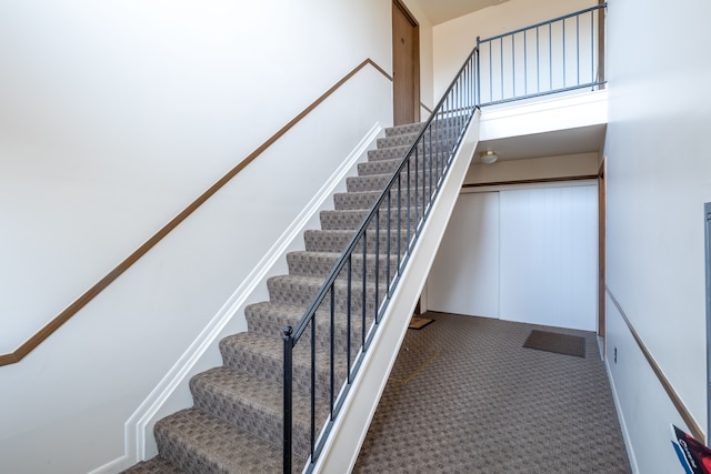 stairway with a towering ceiling and carpet flooring