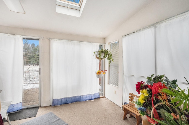 sunroom featuring vaulted ceiling with skylight